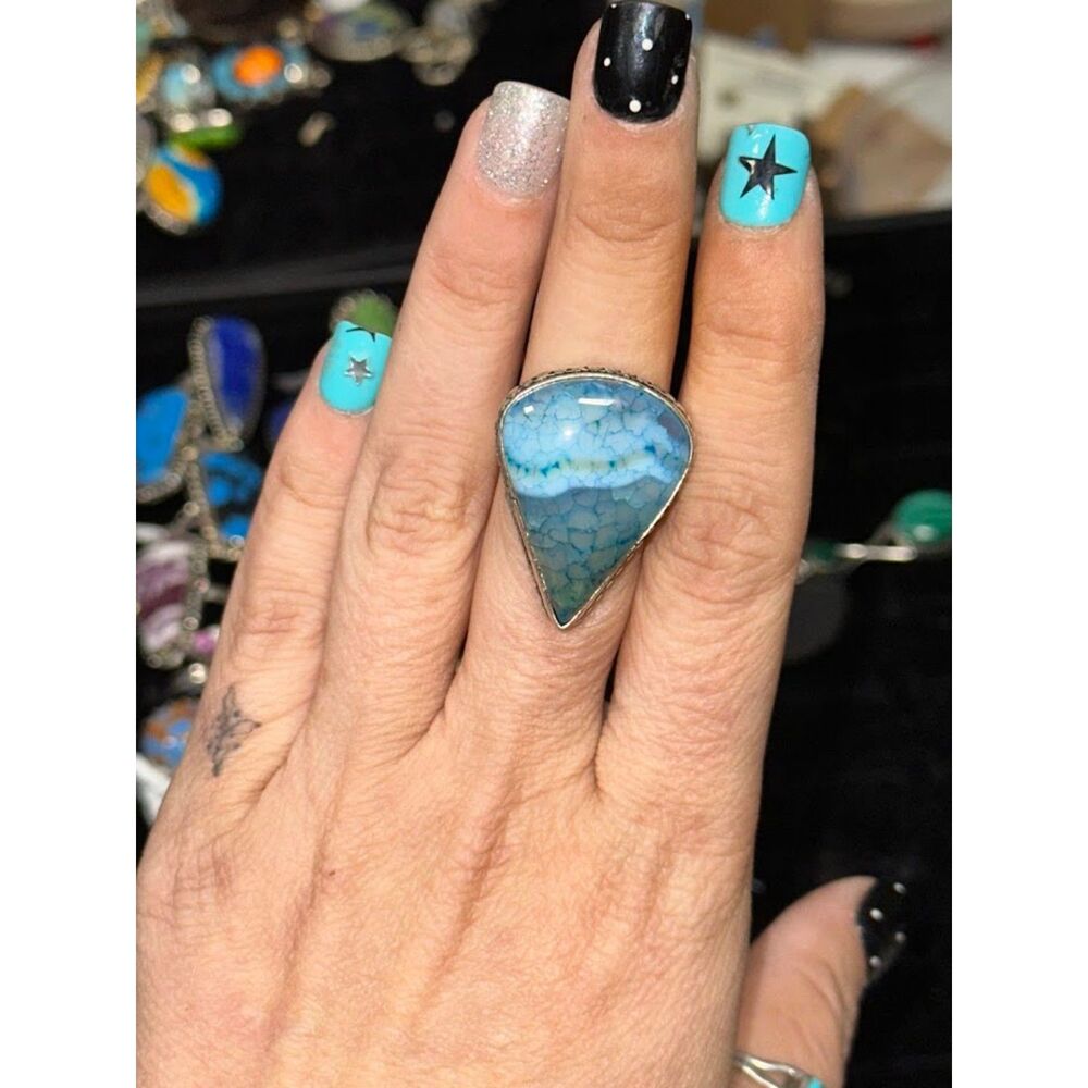 Blue Dragon Vein Agate Sterling Silver Overlay Ring Size 8